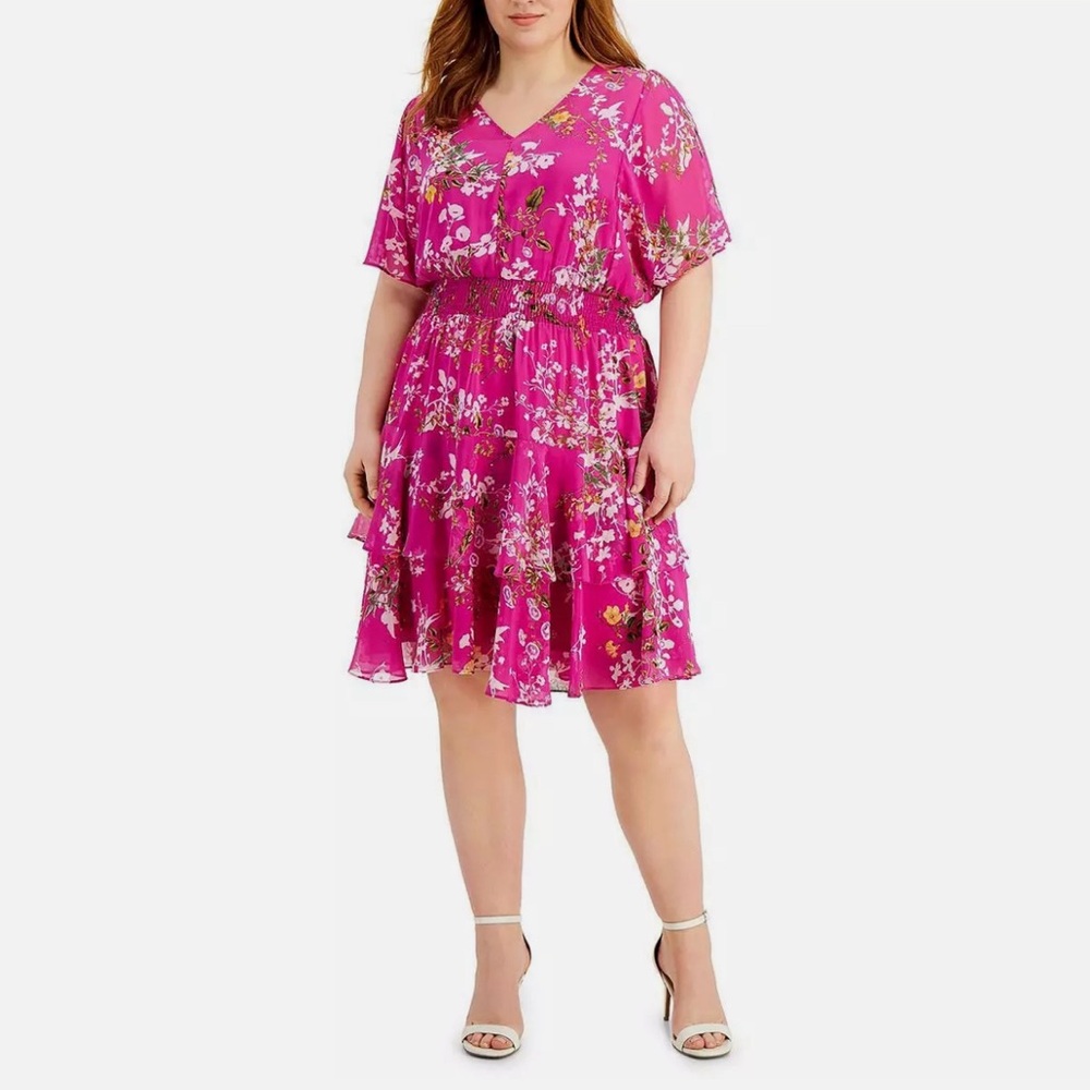 Taylor Womens Sz. 20W Pink Floral Tiered Mini Fit & Flare Dress. New.